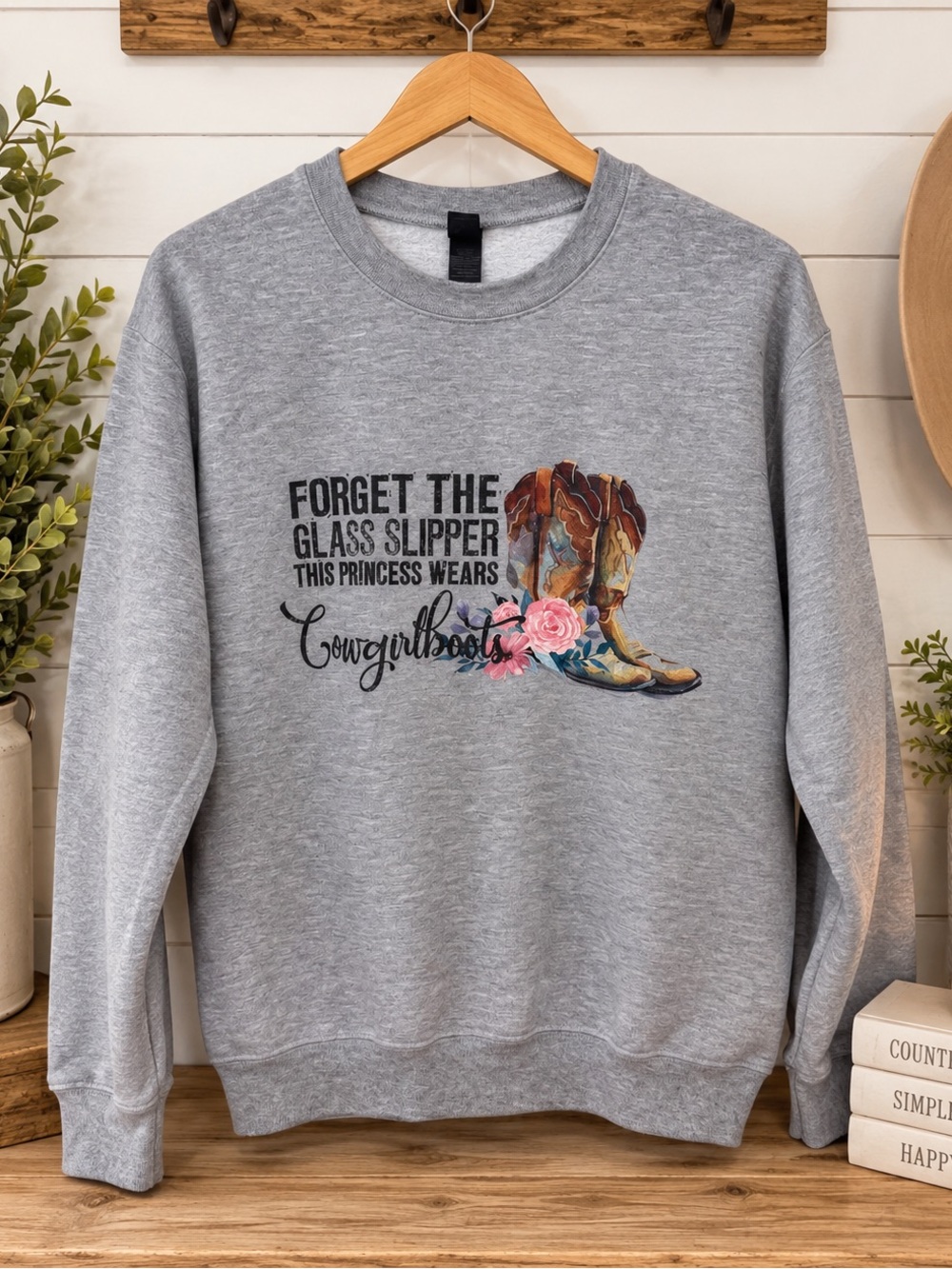 Women’s Small Gray Cowgirl Boots Sweatshirt “Forget the Glass Slipper” Western